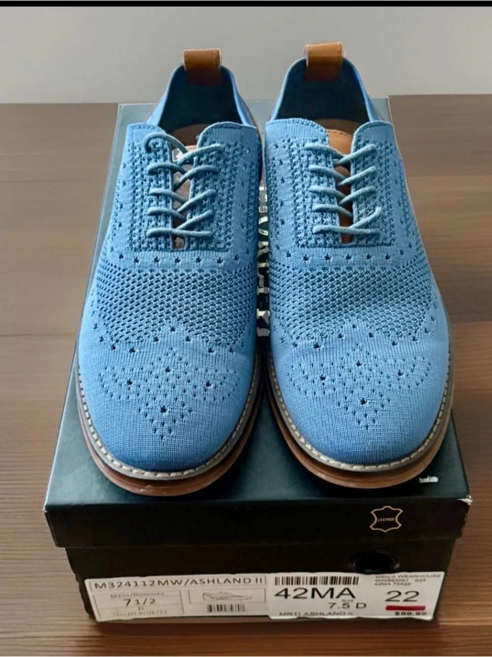 Moretti Gold Label Ashland II Light Blue Knit Leather Wingtip Oxfords 7.5D NWT